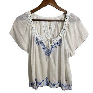 Abercrombie & Fitch Womens White Blue Tie Floral Embroider Bohemian Blouse Small